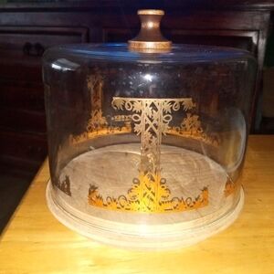 Vintage Pyrex Cheese Plate Glass Dome Wood Base with Gold Pattern